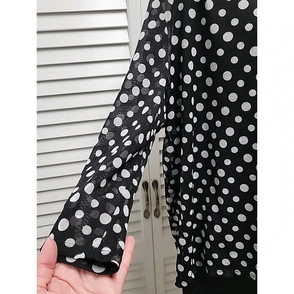Chicos Sz 3 Lg Women's Black  & White Polka Dot Sheer Over Black Layered Blouse - Picture 2 of 8